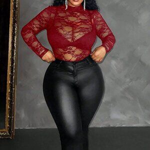 Red Sexy Casual Women's Plus Size Lace Blouse
